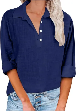 Women Solid Color Linen Shirts Long Sleeve Button V Neck Tops Office Work Tshirt Dressy Casual Fall Blouses