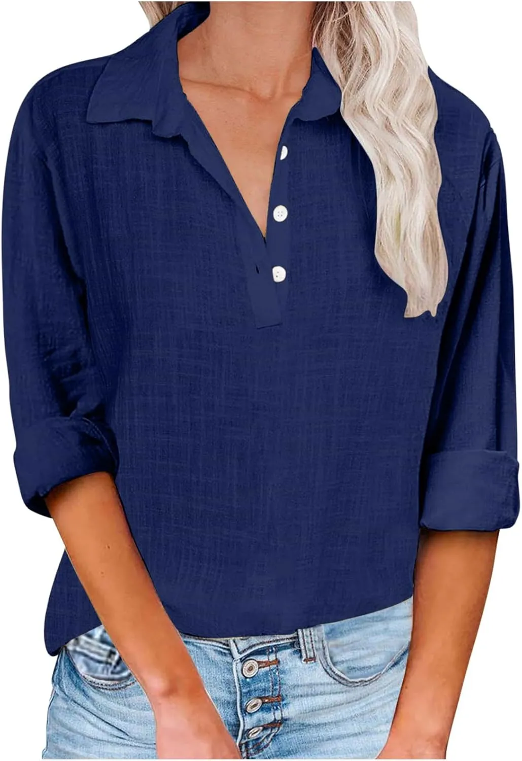 Women Solid Color Linen Shirts Long Sleeve Button V Neck Tops Office Work Tshirt Dressy Casual Fall Blouses