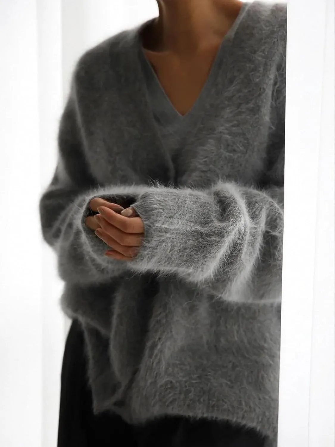 Women Winter V-Neck Mink Velvet Single-Breasted Fluffy Knitted Cardigan Sweater Slouchy Loose Soft Flexible Long-Sleeved Coat