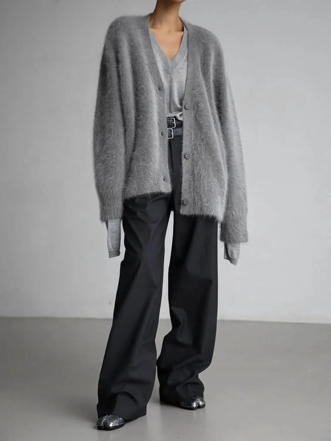Women Winter V-Neck Mink Velvet Single-Breasted Fluffy Knitted Cardigan Sweater Slouchy Loose Soft Flexible Long-Sleeved Coat