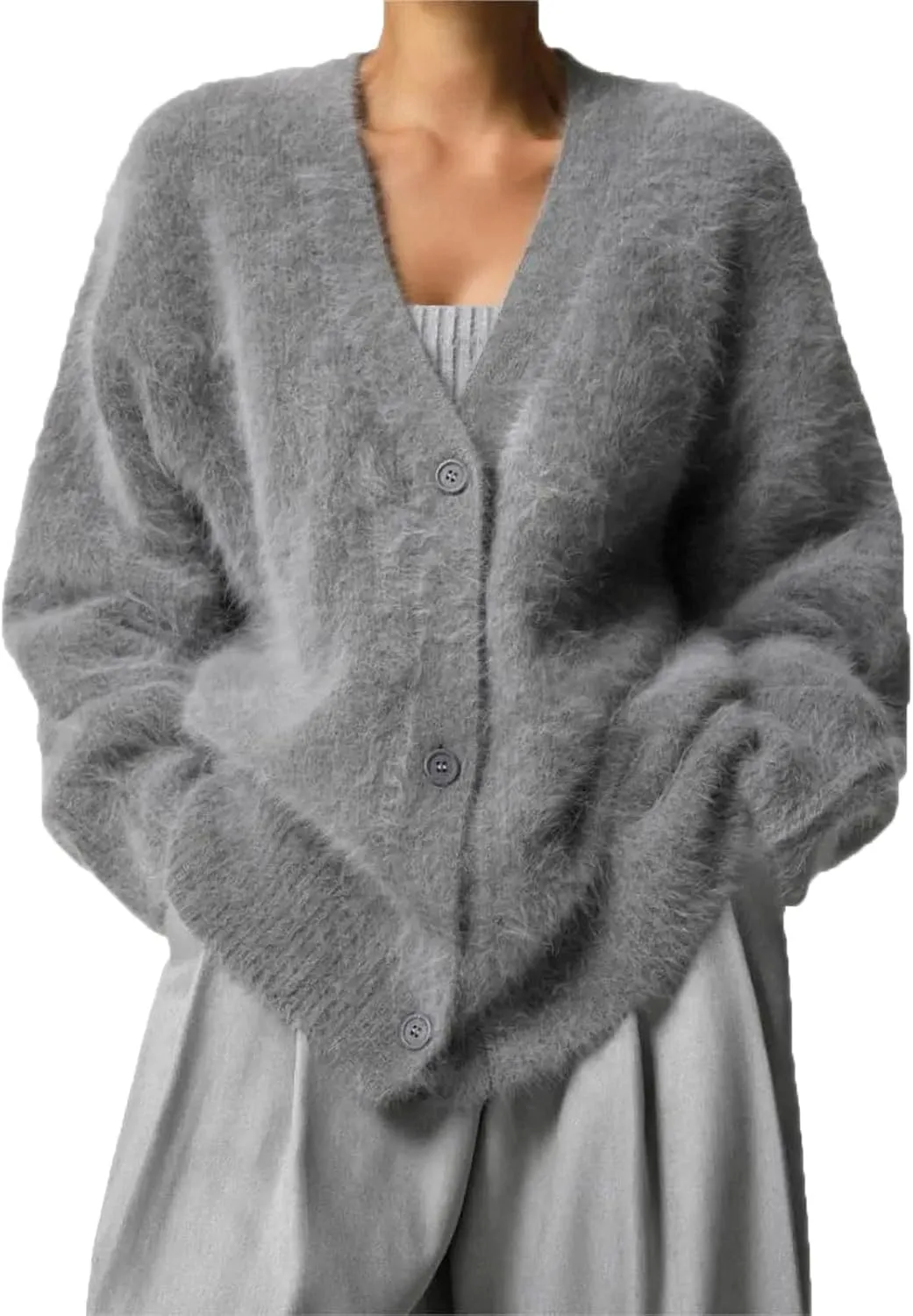 Women Winter V-Neck Mink Velvet Single-Breasted Fluffy Knitted Cardigan Sweater Slouchy Loose Soft Flexible Long-Sleeved Coat
