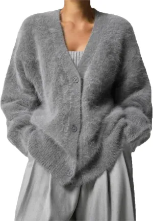 Women Winter V-Neck Mink Velvet Single-Breasted Fluffy Knitted Cardigan Sweater Slouchy Loose Soft Flexible Long-Sleeved Coat