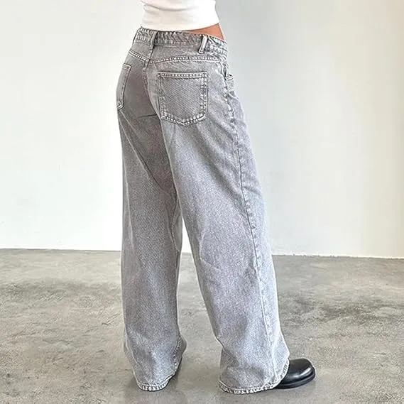 Women Y2K Low Rise Baggy Jeans Wide Leg Loose Fit Boyfriend Straight Leg Trendy Stretch Denim Pants Streetwear
