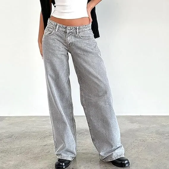 Women Y2K Low Rise Baggy Jeans Wide Leg Loose Fit Boyfriend Straight Leg Trendy Stretch Denim Pants Streetwear