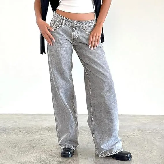 Women Y2K Low Rise Baggy Jeans Wide Leg Loose Fit Boyfriend Straight Leg Trendy Stretch Denim Pants Streetwear
