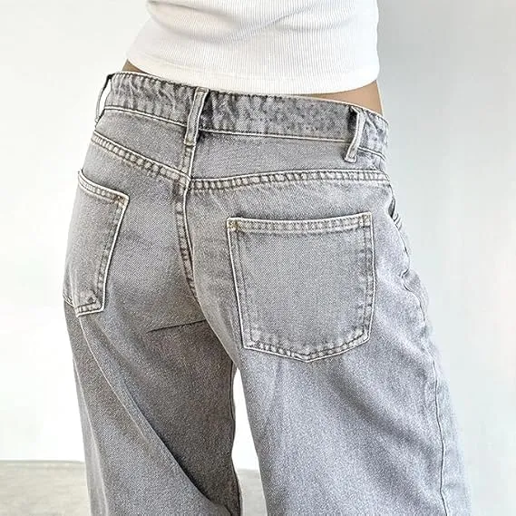 Women Y2K Low Rise Baggy Jeans Wide Leg Loose Fit Boyfriend Straight Leg Trendy Stretch Denim Pants Streetwear