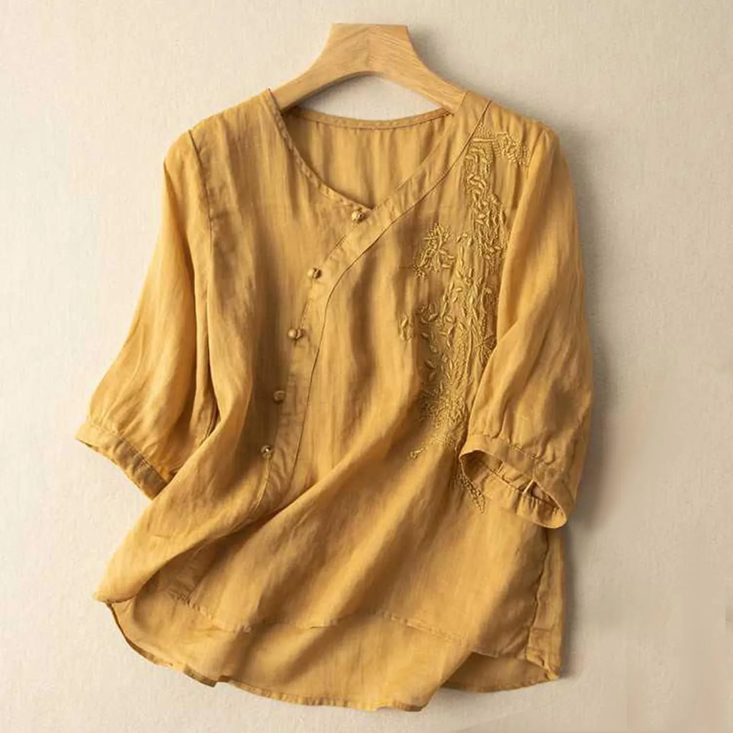 Womens 3/4 Sleeve V Neck T Shirt Simple Solid Color Embroidered Blouses Shirts Loose Casual Cotton Linen Tops