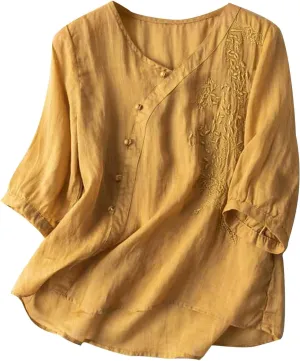 Womens 3/4 Sleeve V Neck T Shirt Simple Solid Color Embroidered Blouses Shirts Loose Casual Cotton Linen Tops