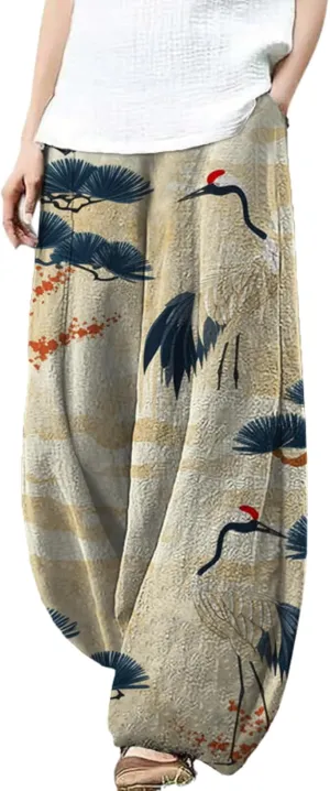 Womens Baggy Linen Pants Barrel Wide Leg Casual Loose Flowy Hippie Lantern Trousers with Elastic Waist for Summer