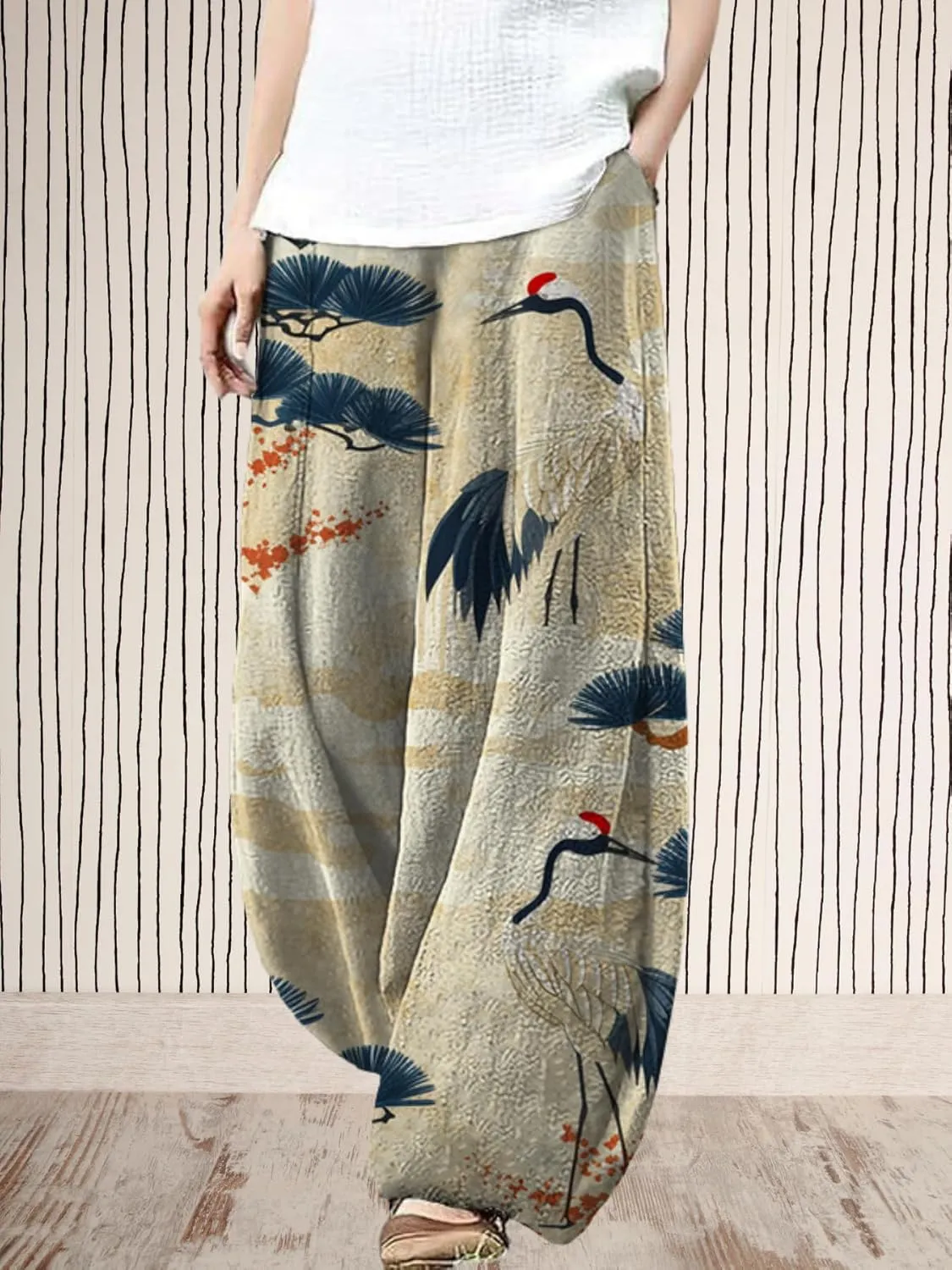 Womens Baggy Linen Pants Barrel Wide Leg Casual Loose Flowy Hippie Lantern Trousers with Elastic Waist for Summer