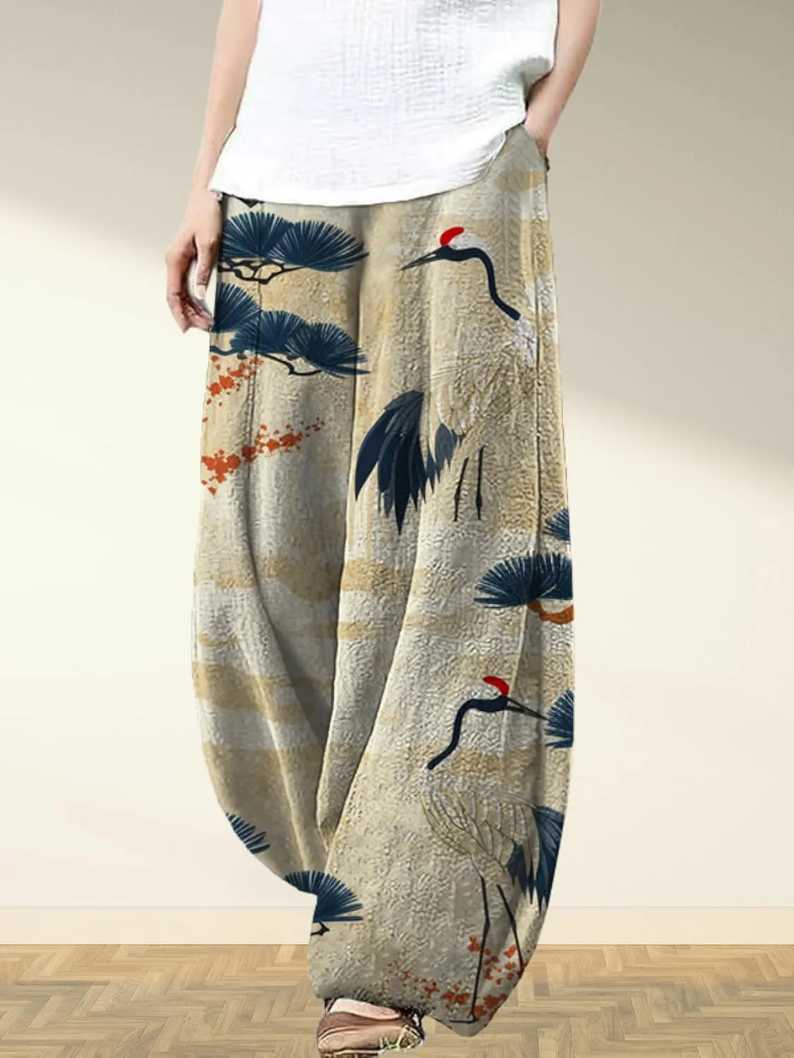Womens Baggy Linen Pants Barrel Wide Leg Casual Loose Flowy Hippie Lantern Trousers with Elastic Waist for Summer