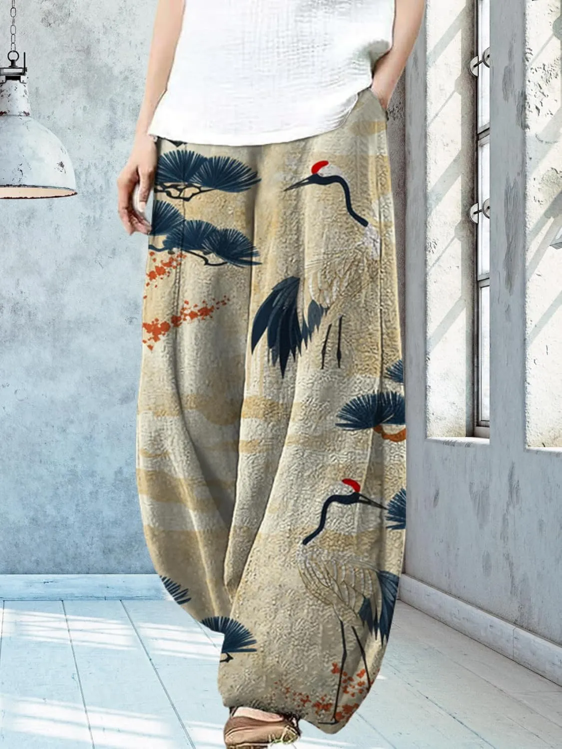 Womens Baggy Linen Pants Barrel Wide Leg Casual Loose Flowy Hippie Lantern Trousers with Elastic Waist for Summer
