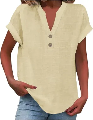 Womens Button Down Linen Shirts Short Sleeve V Neck Dressy Casual Business Work Blouses Loose Fit Summer Tunic Tops