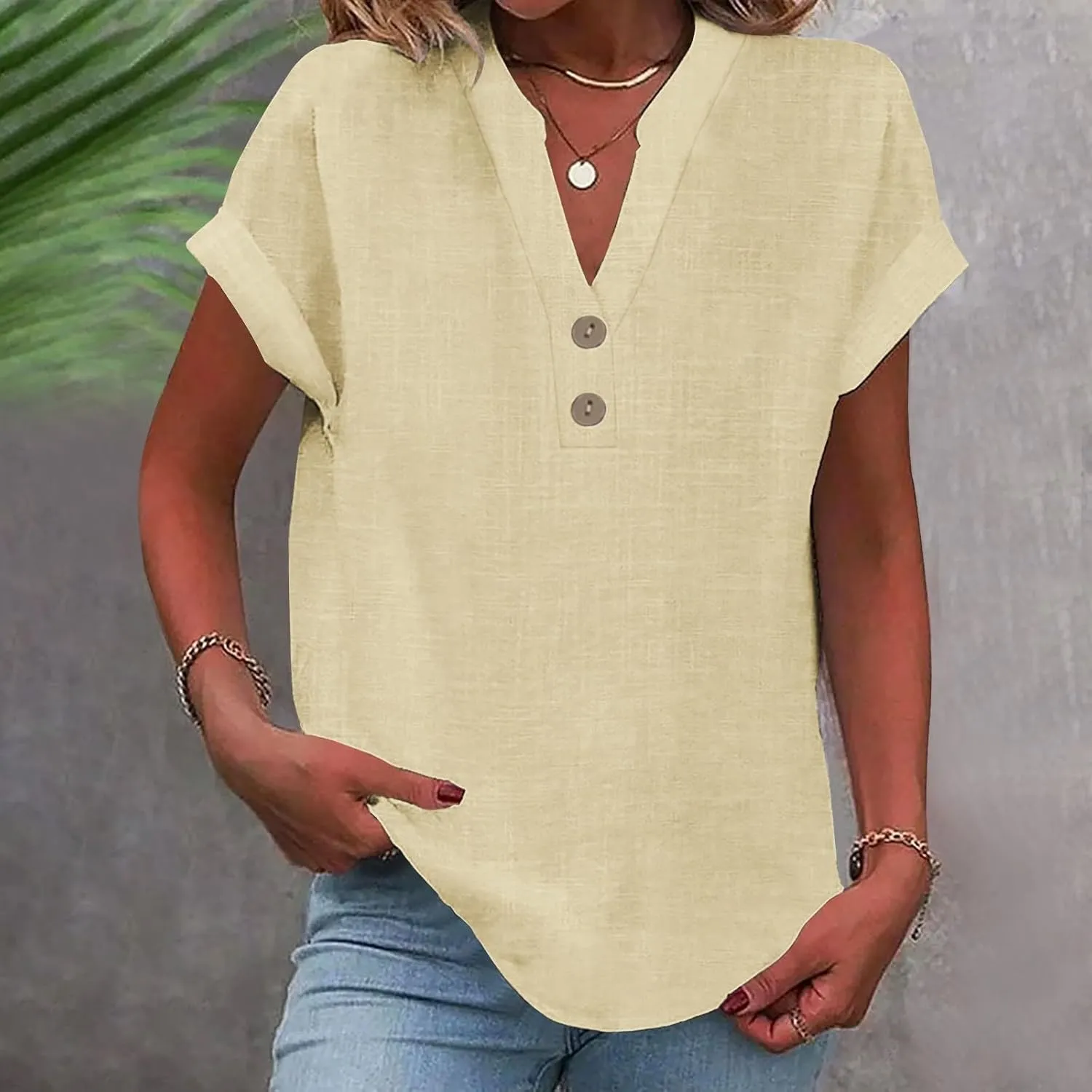Womens Button Down Linen Shirts Short Sleeve V Neck Dressy Casual Business Work Blouses Loose Fit Summer Tunic Tops