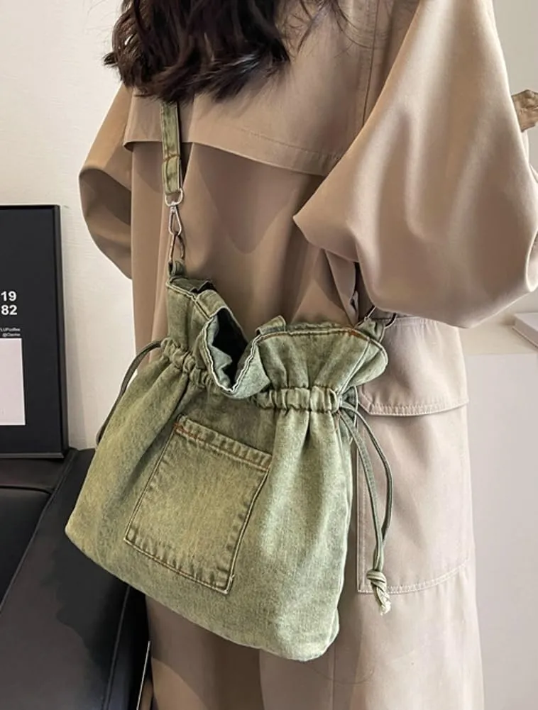 Womens Canvas Shoulder Bags Denim Bucket Crossbody Tote Large Purse Handbags Top Handle Satchel with Drawstring