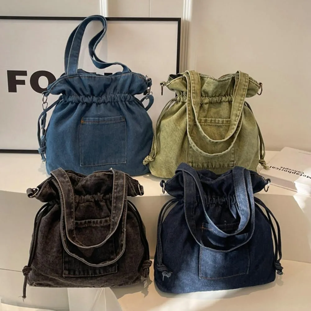 Womens Canvas Shoulder Bags Denim Bucket Crossbody Tote Large Purse Handbags Top Handle Satchel with Drawstring