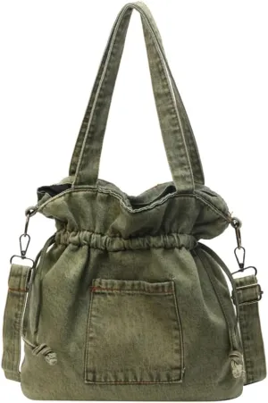 Womens Canvas Shoulder Bags Denim Bucket Crossbody Tote Large Purse Handbags Top Handle Satchel with Drawstring