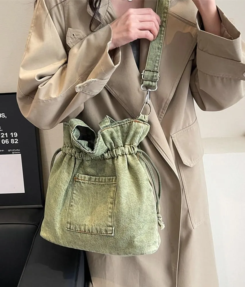 Womens Canvas Shoulder Bags Denim Bucket Crossbody Tote Large Purse Handbags Top Handle Satchel with Drawstring