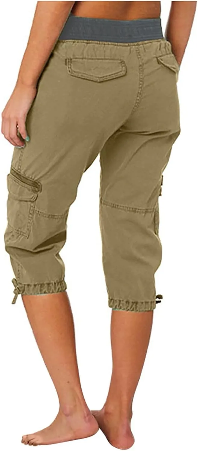 Women's Capri Pants Summer Lightweight Outdoor Hiking Capris with Drawstring Cargo Pockets Yoga Cropped Pant