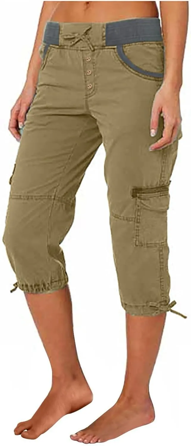 Women's Capri Pants Summer Lightweight Outdoor Hiking Capris with Drawstring Cargo Pockets Yoga Cropped Pant