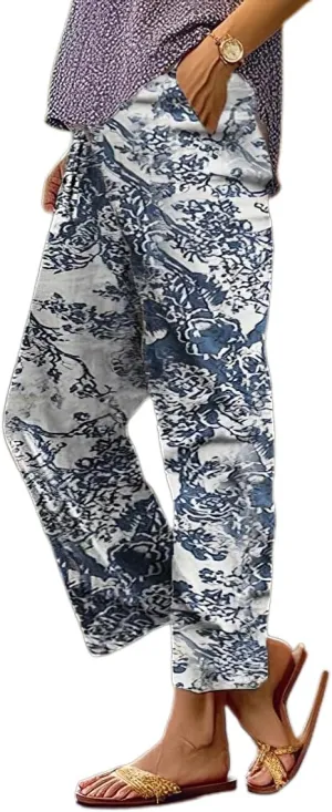 Womens Casual Boho Floral Cotton Linen Pants Elastic Waist Drawstring Summer Beach Baggy Trousers with Pockets