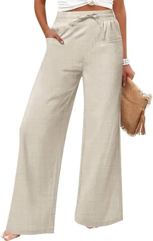 Women's Casual Linen Wide Leg Pants with Pockets Boho Palazzo High Waisted Drawstring Lounge Trousers