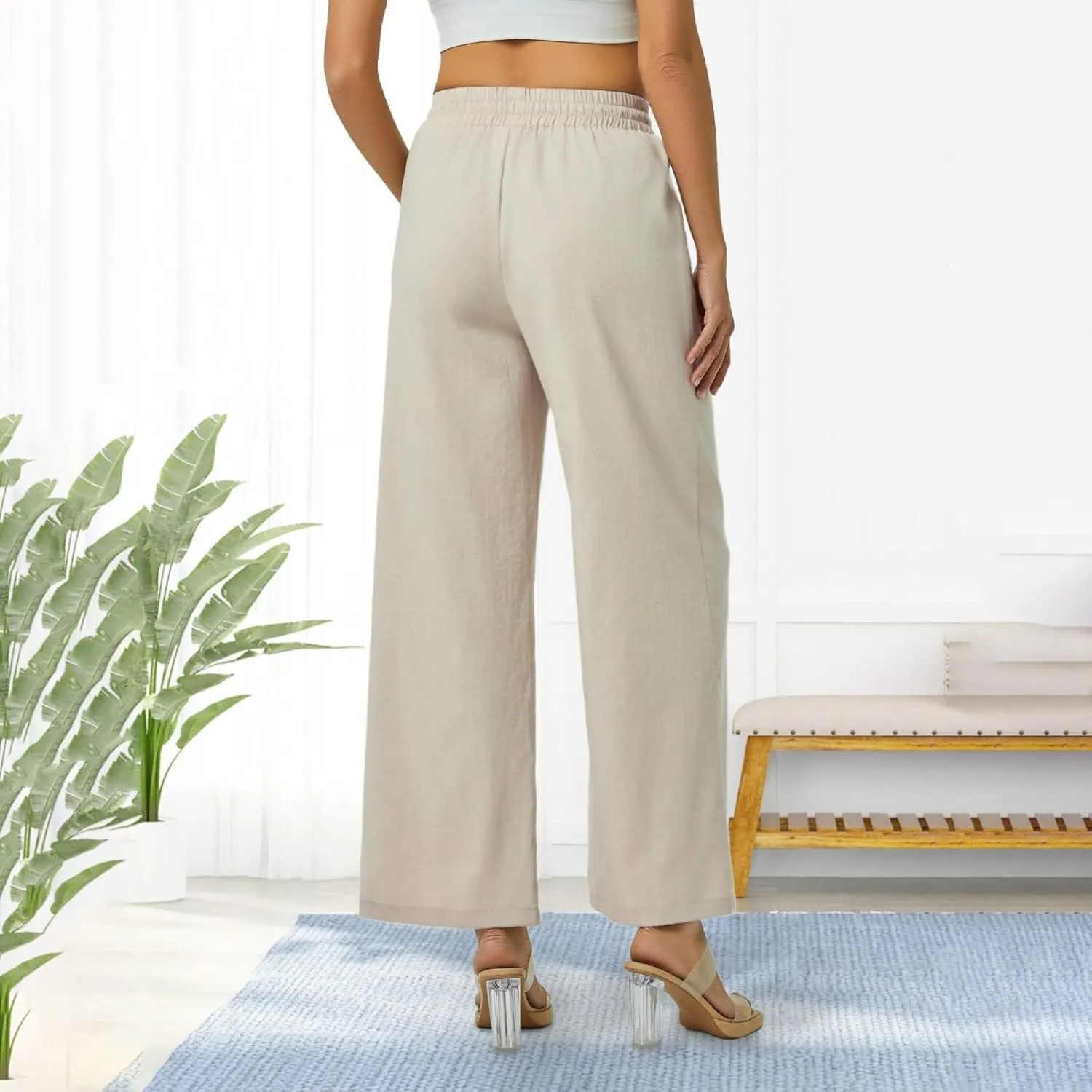 Women's Casual Linen Wide Leg Pants with Pockets Boho Palazzo High Waisted Drawstring Lounge Trousers