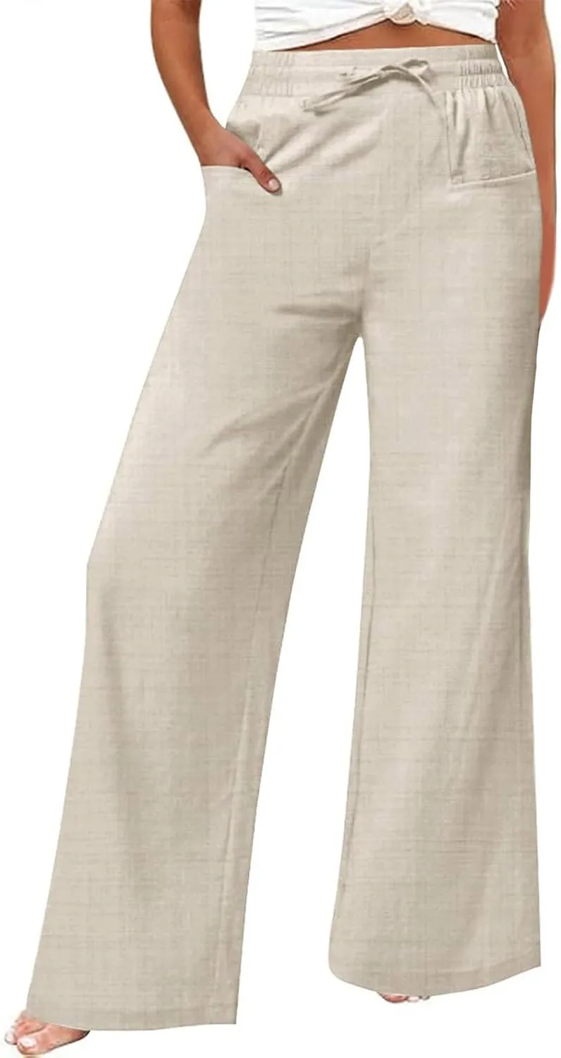 Women's Casual Linen Wide Leg Pants with Pockets Boho Palazzo High Waisted Drawstring Lounge Trousers