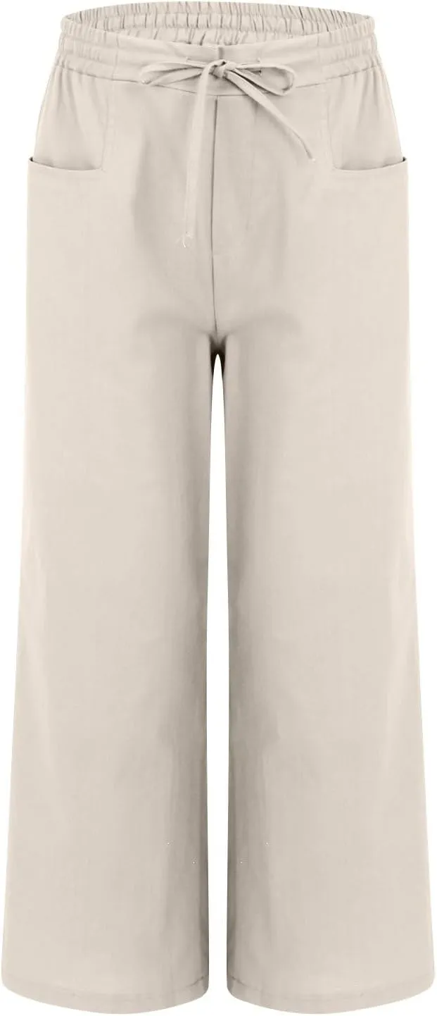 Women's Casual Linen Wide Leg Pants with Pockets Boho Palazzo High Waisted Drawstring Lounge Trousers