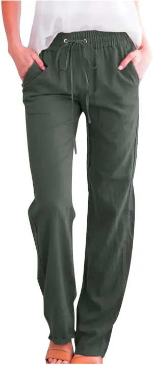 Womens Casual Summer Pants 2024 Straight Leg Drawstring Elastic High Waist Cotton Linen Pants Loose Comfy Trousers