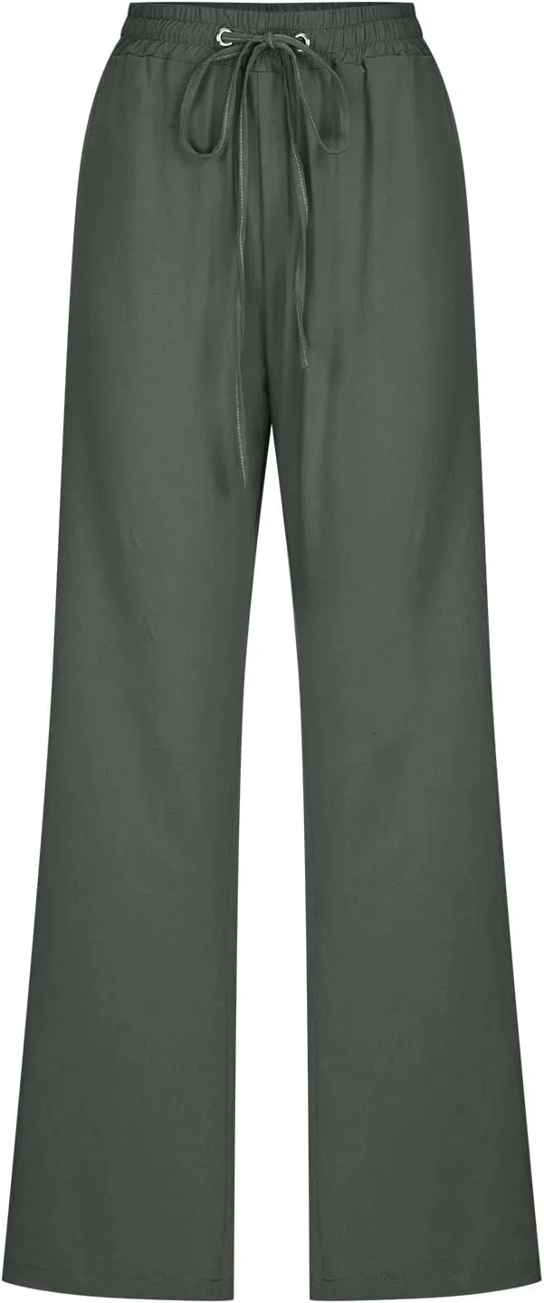 Womens Casual Summer Pants 2024 Straight Leg Drawstring Elastic High Waist Cotton Linen Pants Loose Comfy Trousers