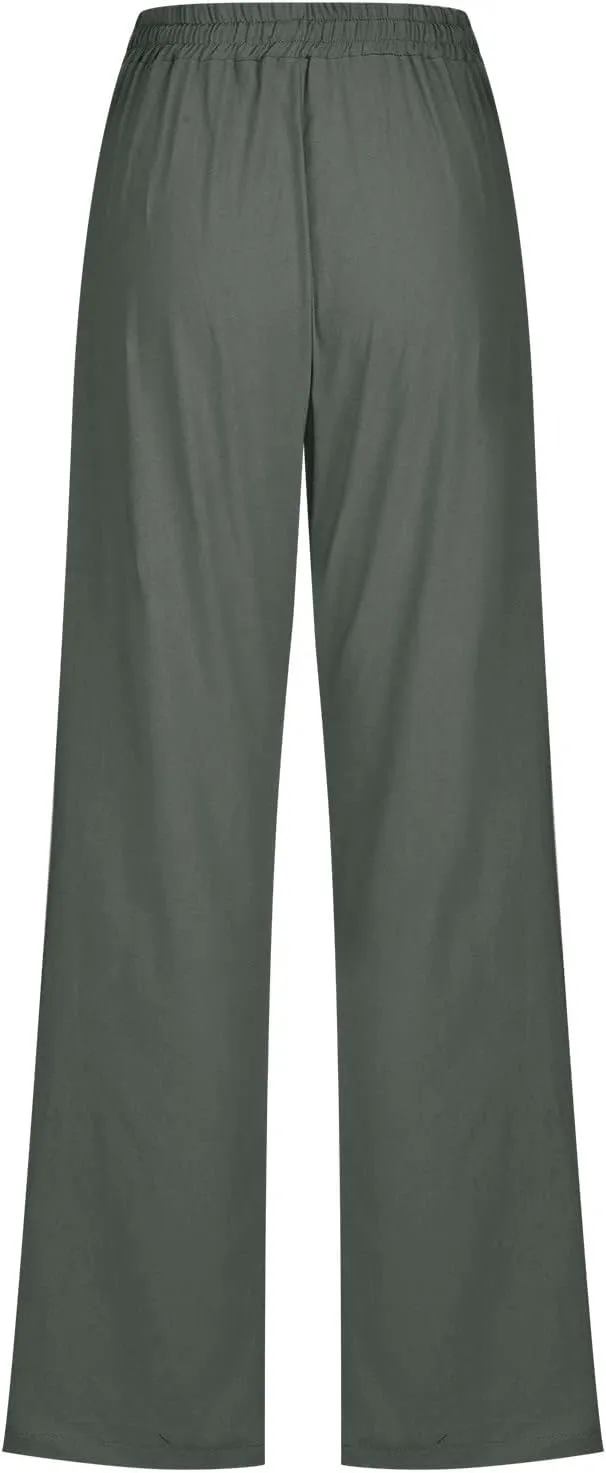 Womens Casual Summer Pants 2024 Straight Leg Drawstring Elastic High Waist Cotton Linen Pants Loose Comfy Trousers