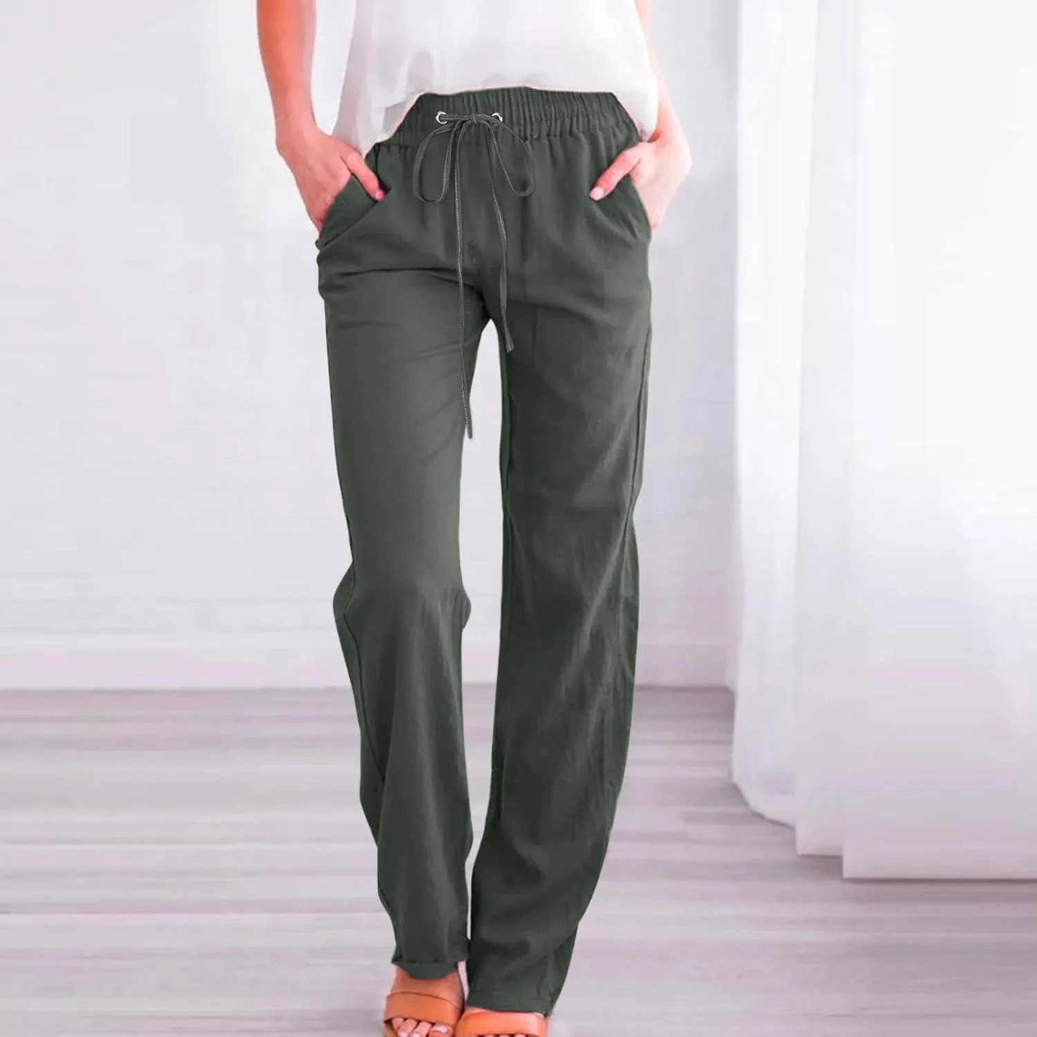 Womens Casual Summer Pants 2024 Straight Leg Drawstring Elastic High Waist Cotton Linen Pants Loose Comfy Trousers