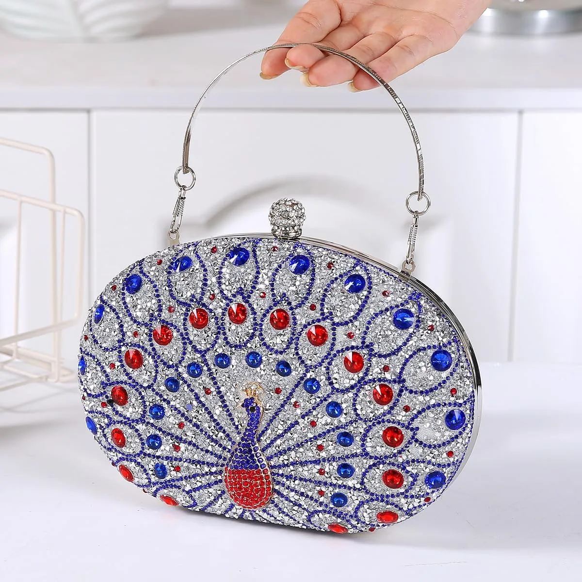 Women's Chic Evening Peacock HandBags Sparkly Rhinestone Clutch Purses Crystal Diamond Bags