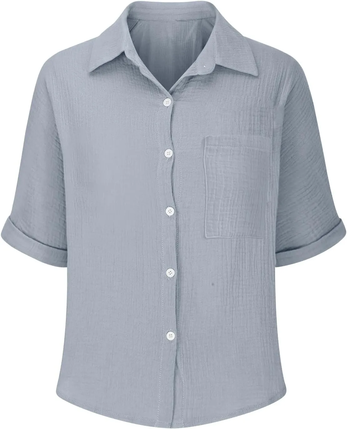 Womens Cotton Button Down Shirt Rolled Cuffed Short Sleeve Blouse Ladies Summer Casual V Neck Beach Cotton Tops