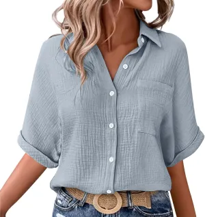 Womens Cotton Button Down Shirt Rolled Cuffed Short Sleeve Blouse Ladies Summer Casual V Neck Beach Cotton Tops