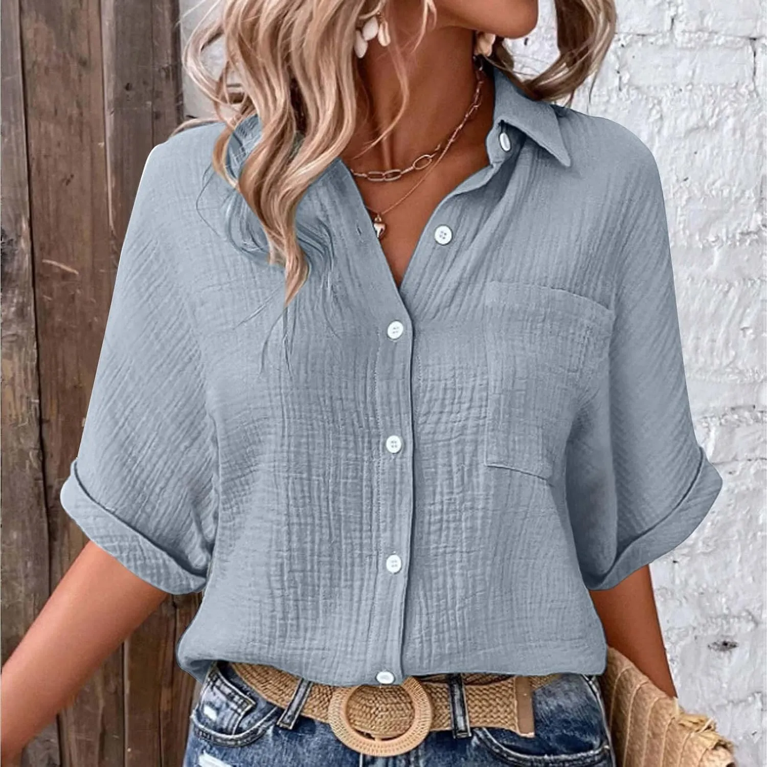 Womens Cotton Button Down Shirt Rolled Cuffed Short Sleeve Blouse Ladies Summer Casual V Neck Beach Cotton Tops
