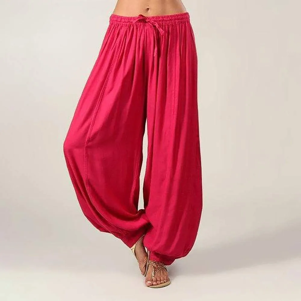 Women's Cotton Linen Baggy Harem Pants Casual Solid Drawstring Elastic Waisted Boho Yoga Hippie Gypsy Aladdin Lounge Trousers
