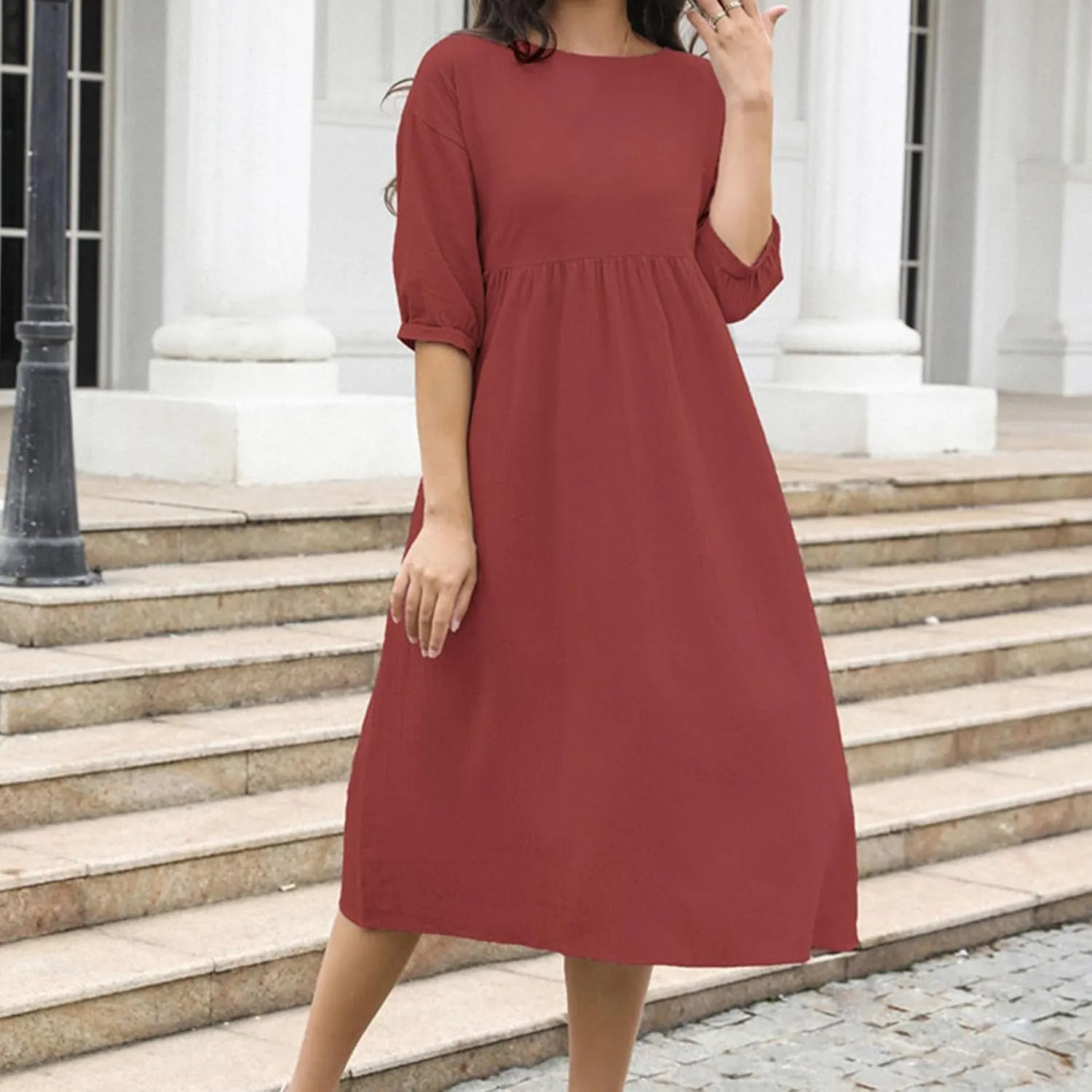 Womens Cotton Linen Dresses Half Sleeve Trendy Solid Beach Maxi Dress Summer Casual Loose Long Dress with Pocket