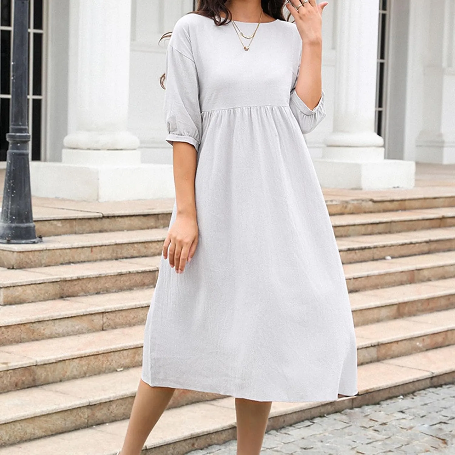 Womens Cotton Linen Dresses Half Sleeve Trendy Solid Beach Maxi Dress Summer Casual Loose Long Dress with Pocket