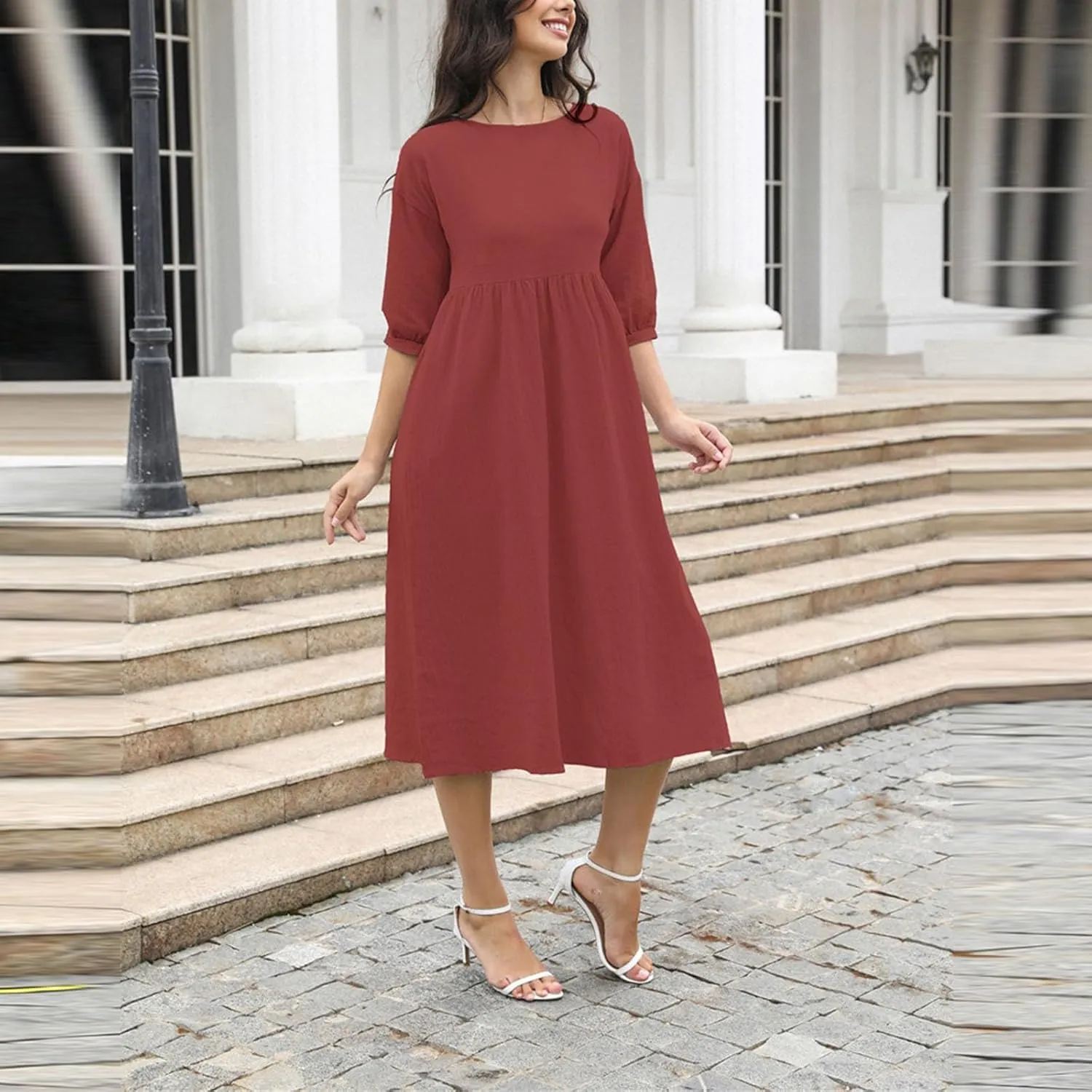 Womens Cotton Linen Dresses Half Sleeve Trendy Solid Beach Maxi Dress Summer Casual Loose Long Dress with Pocket