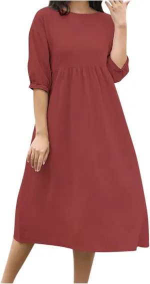 Womens Cotton Linen Dresses Half Sleeve Trendy Solid Beach Maxi Dress Summer Casual Loose Long Dress with Pocket