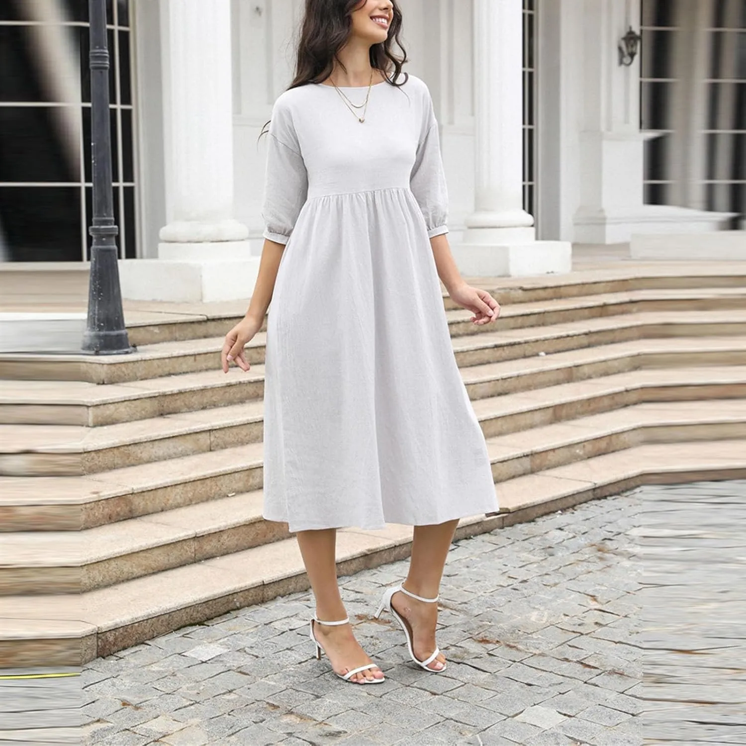 Womens Cotton Linen Dresses Half Sleeve Trendy Solid Beach Maxi Dress Summer Casual Loose Long Dress with Pocket