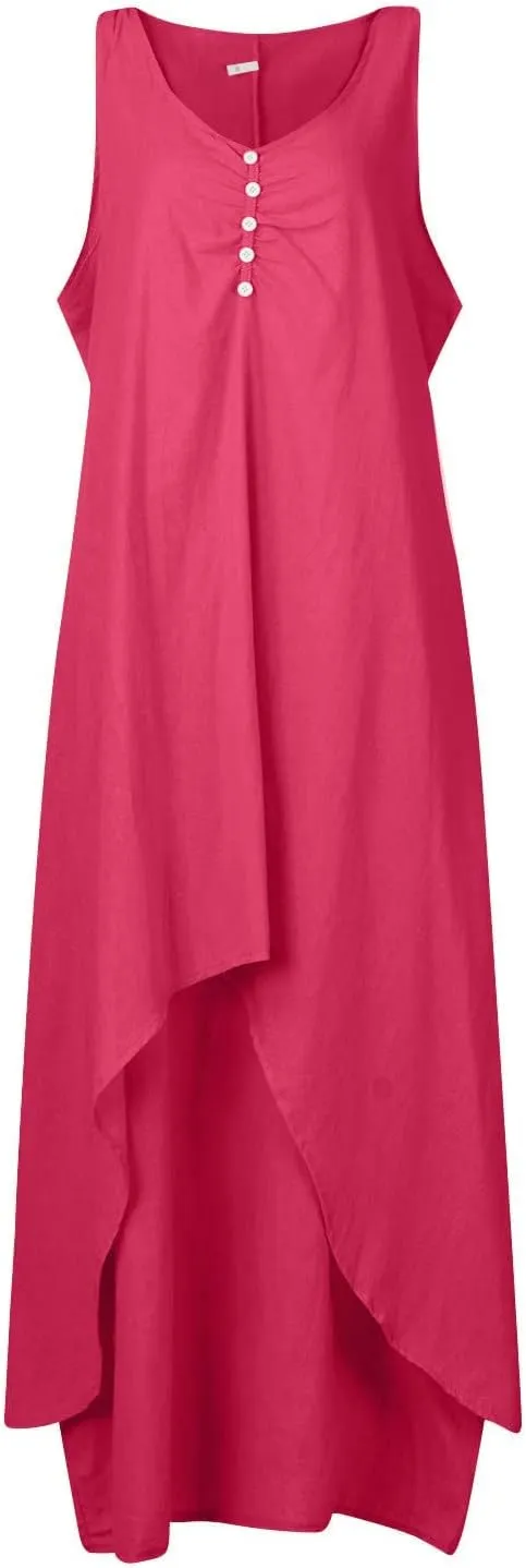 Womens Cotton Linen Midi Dresses Sleeveless Simple Solid Color Sundress Loose Casual Tank Dresses with Pockets