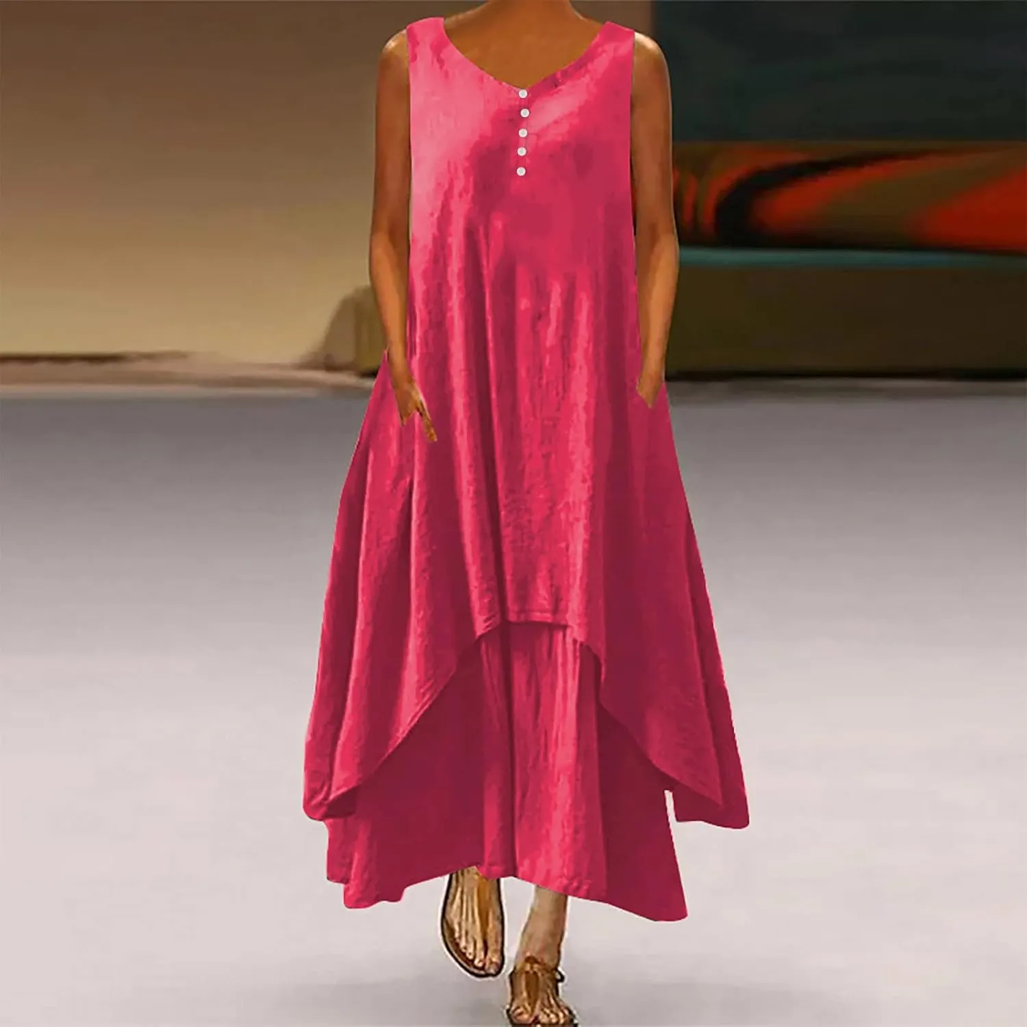 Womens Cotton Linen Midi Dresses Sleeveless Simple Solid Color Sundress Loose Casual Tank Dresses with Pockets