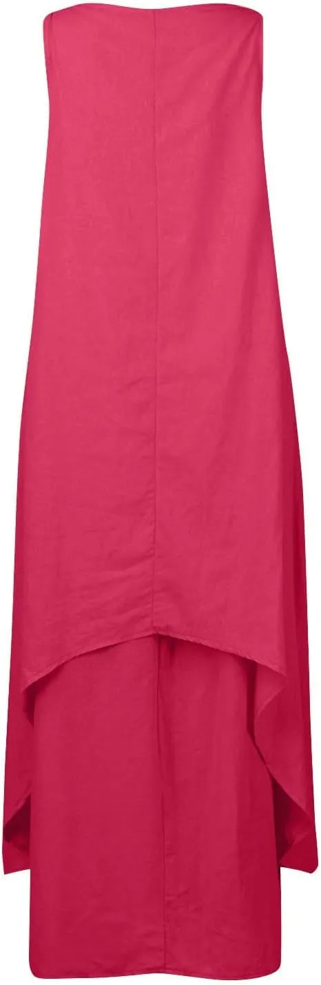 Womens Cotton Linen Midi Dresses Sleeveless Simple Solid Color Sundress Loose Casual Tank Dresses with Pockets
