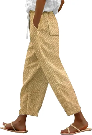 Womens Cotton Linen Pants Casual Drawstring Capri Linen Pants for Women White
