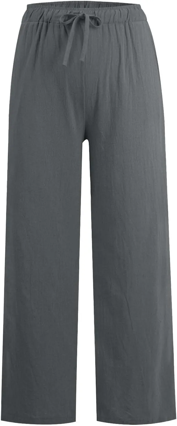 Women's Cotton Linen Pants,Summer Wide Leg Casual Loose Drawstring High Waist Palazzo Pants with Pockets
