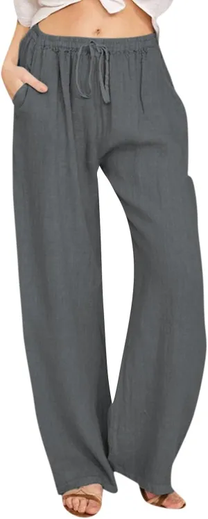 Women's Cotton Linen Pants,Summer Wide Leg Casual Loose Drawstring High Waist Palazzo Pants with Pockets