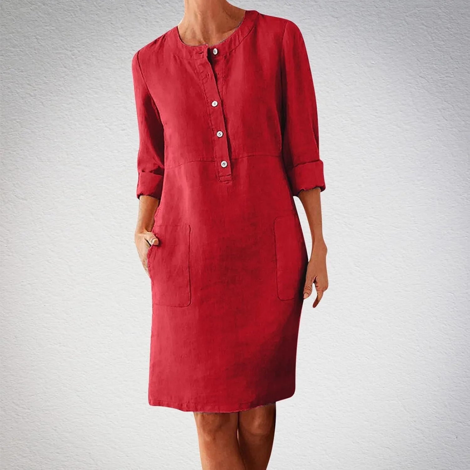 Women's Cotton Linen Shirt Dress Long Sleeve Summer Midi Dresses Dressy Casual Button Down Crewneck Solid Dress